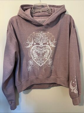 Cropped Mauve Graphic Hoodie with Ornate Heart and Bird Design